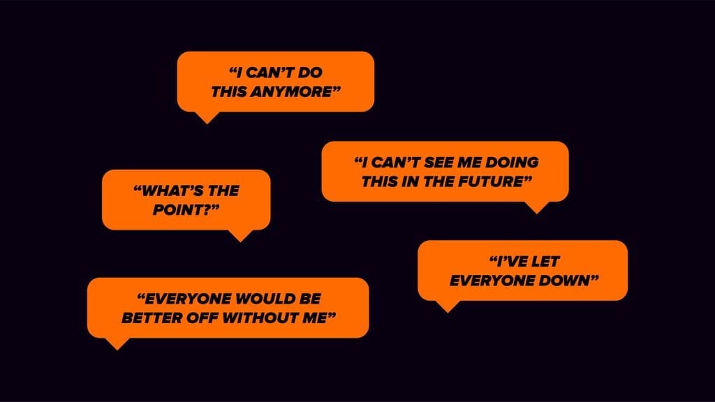 Orange speech bubbles:
- 1 in 4 adults have thought about taking their own life. (Ref 1)
- 1 in 13 have attempted suicide at some point in their life. (Ref 1)
- On average, every 90 minutes someone dies by suicide. (Ref 2)
- For every death by suicide, approximately 135 people are exposed and potentially impacted. (Ref 3)